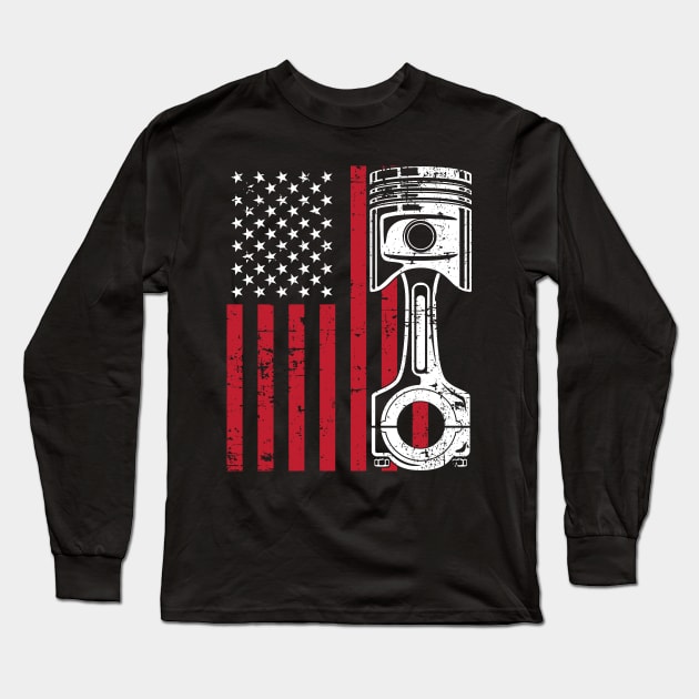 Patriotic American Flag Piston Muscle Car Vintage Distressed Long Sleeve T-Shirt by hobrath